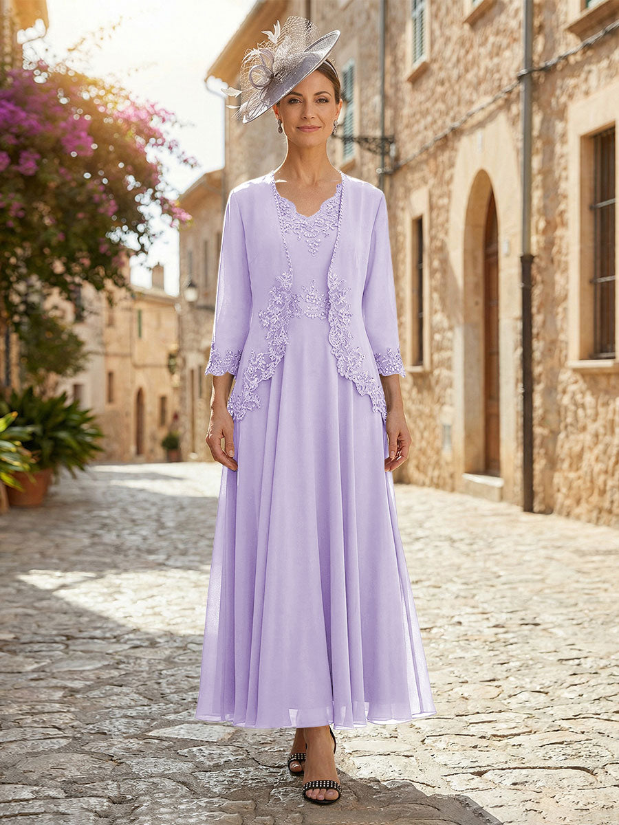 2-Piece A-Line Chiffon 3/4 Sleeves Mother of the Bride & Groom Dresses with Scalloped V-Neck Lace Bodice (SHI22500637)