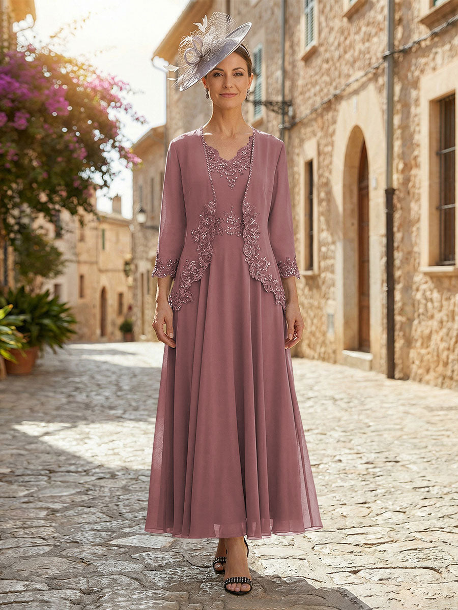 2-Piece A-Line Chiffon 3/4 Sleeves Mother of the Bride & Groom Dresses with Scalloped V-Neck Lace Bodice (SHI22500637)