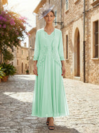 2-Piece A-Line Chiffon 3/4 Sleeves Mother of the Bride & Groom Dresses with Scalloped V-Neck Lace Bodice (SHI22500637)