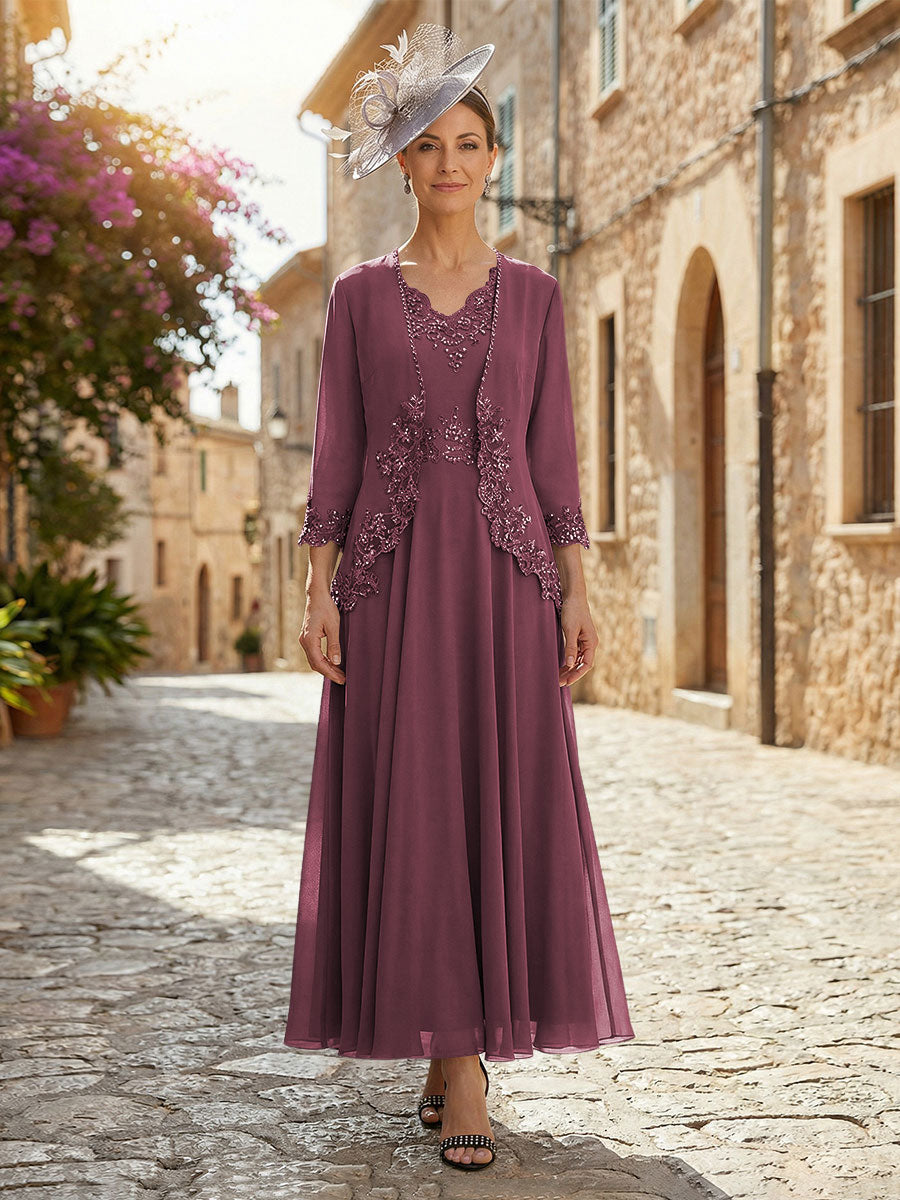 2-Piece A-Line Chiffon 3/4 Sleeves Mother of the Bride & Groom Dresses with Scalloped V-Neck Lace Bodice (SHI22500637)