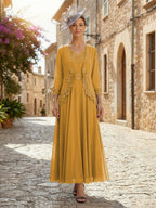 2-Piece A-Line Chiffon 3/4 Sleeves Mother of the Bride & Groom Dresses with Scalloped V-Neck Lace Bodice (SHI22500637)