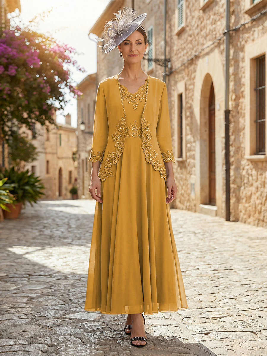 2-Piece A-Line Chiffon 3/4 Sleeves Mother of the Bride & Groom Dresses with Scalloped V-Neck Lace Bodice (SHI22500637)