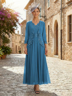 2-Piece A-Line Chiffon 3/4 Sleeves Mother of the Bride & Groom Dresses with Scalloped V-Neck Lace Bodice (SHI22500637)