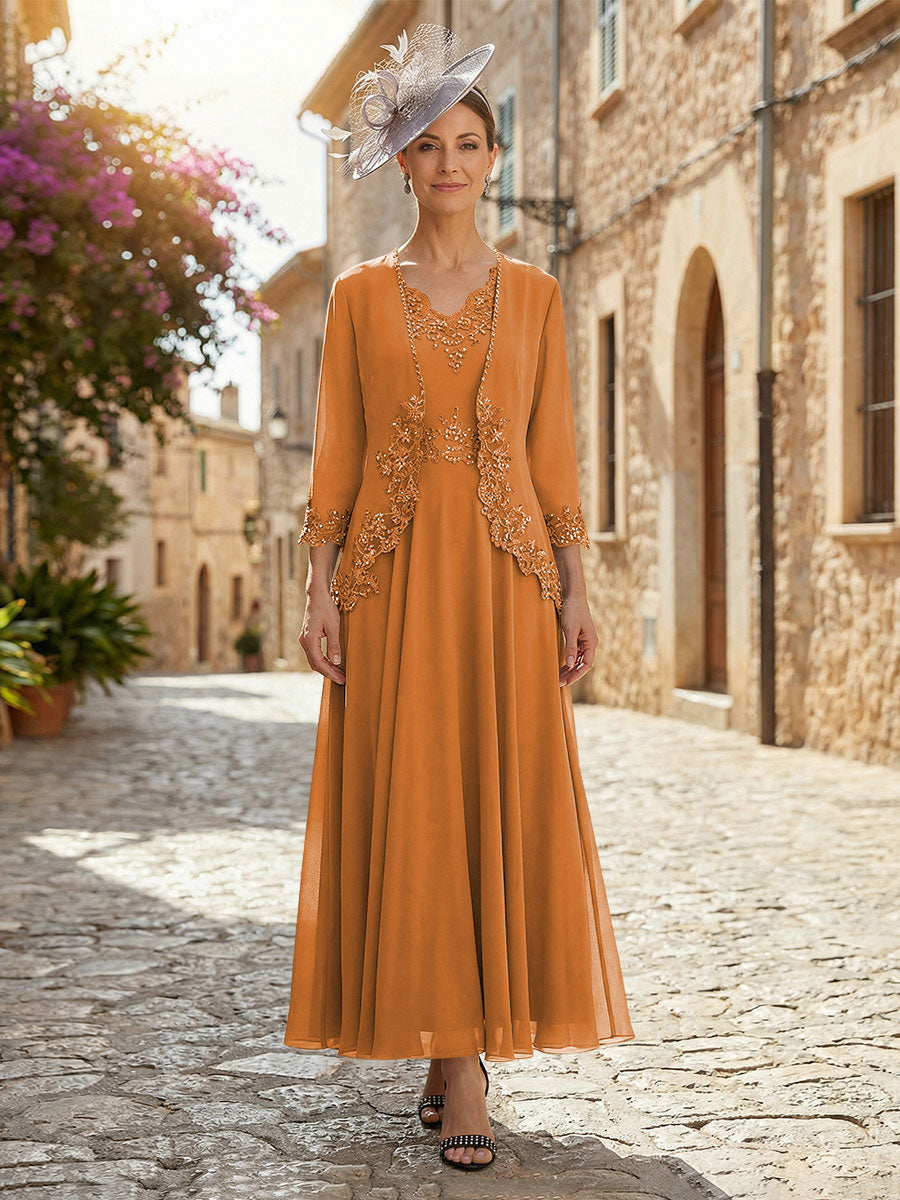 2-Piece A-Line Chiffon 3/4 Sleeves Mother of the Bride & Groom Dresses with Scalloped V-Neck Lace Bodice (SHI22500637)