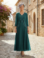 2-Piece A-Line Chiffon 3/4 Sleeves Mother of the Bride & Groom Dresses with Scalloped V-Neck Lace Bodice (SHI22500637)
