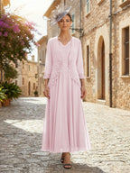 2-Piece A-Line Chiffon 3/4 Sleeves Mother of the Bride & Groom Dresses with Scalloped V-Neck Lace Bodice (SHI22500637)