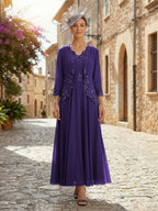 2-Piece A-Line Chiffon 3/4 Sleeves Mother of the Bride & Groom Dresses with Scalloped V-Neck Lace Bodice (SHI22500637)