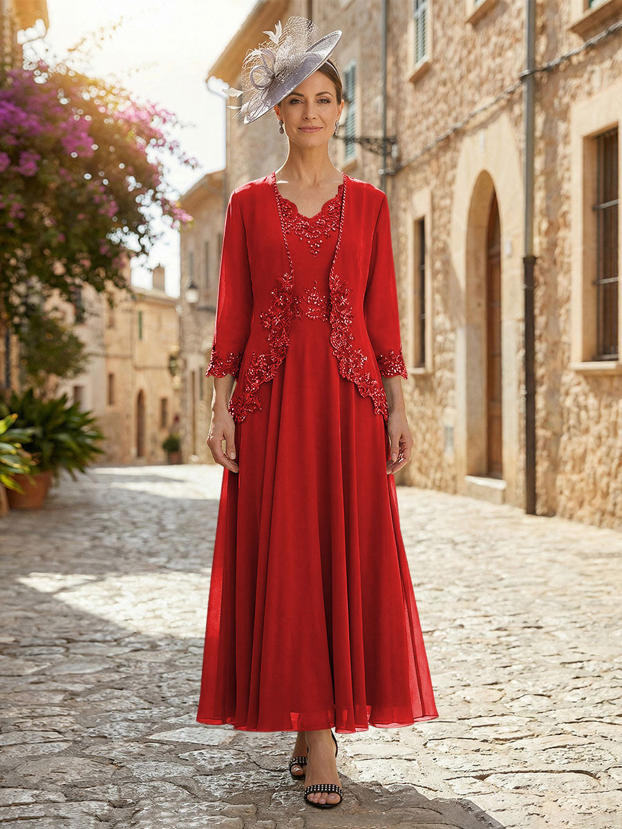 2-Piece A-Line Chiffon 3/4 Sleeves Mother of the Bride & Groom Dresses with Scalloped V-Neck Lace Bodice (SHI22500637)