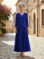 2-Piece A-Line Chiffon 3/4 Sleeves Mother of the Bride & Groom Dresses with Scalloped V-Neck Lace Bodice (SHI22500637)