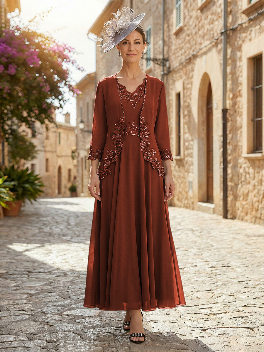 2-Piece A-Line Chiffon 3/4 Sleeves Mother of the Bride & Groom Dresses with Scalloped V-Neck Lace Bodice (SHI22500637)