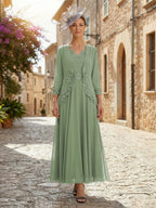 2-Piece A-Line Chiffon 3/4 Sleeves Mother of the Bride & Groom Dresses with Scalloped V-Neck Lace Bodice (SHI22500637)