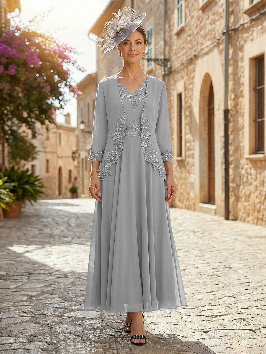 2-Piece A-Line Chiffon 3/4 Sleeves Mother of the Bride & Groom Dresses with Scalloped V-Neck Lace Bodice (SHI22500637)