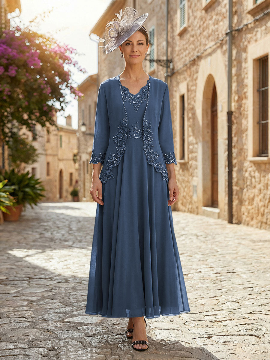 2-Piece A-Line Chiffon 3/4 Sleeves Mother of the Bride & Groom Dresses with Scalloped V-Neck Lace Bodice (SHI22500637)