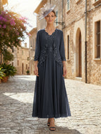 2-Piece A-Line Chiffon 3/4 Sleeves Mother of the Bride & Groom Dresses with Scalloped V-Neck Lace Bodice (SHI22500637)