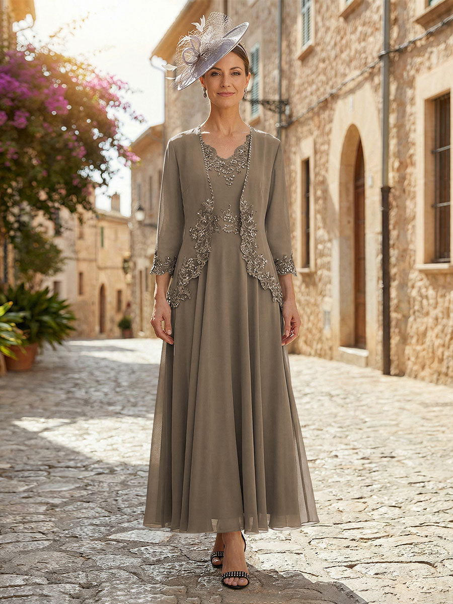 2-Piece A-Line Chiffon 3/4 Sleeves Mother of the Bride & Groom Dresses with Scalloped V-Neck Lace Bodice (SHI22500637)