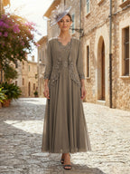 2-Piece A-Line Chiffon 3/4 Sleeves Mother of the Bride & Groom Dresses with Scalloped V-Neck Lace Bodice (SHI22500637)