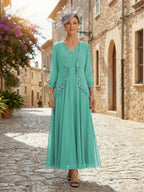 2-Piece A-Line Chiffon 3/4 Sleeves Mother of the Bride & Groom Dresses with Scalloped V-Neck Lace Bodice (SHI22500637)