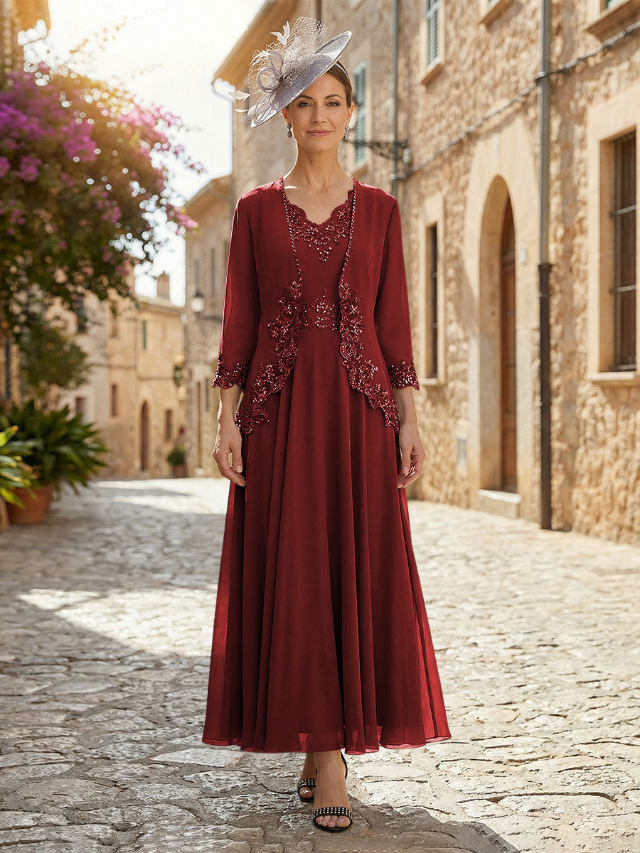 2-Piece A-Line Chiffon 3/4 Sleeves Mother of the Bride & Groom Dresses with Scalloped V-Neck Lace Bodice (SHI22500637)