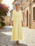 2-Piece A-Line Chiffon 3/4 Sleeves Mother of the Bride & Groom Dresses with Scalloped V-Neck Lace Bodice (SHI22500637)
