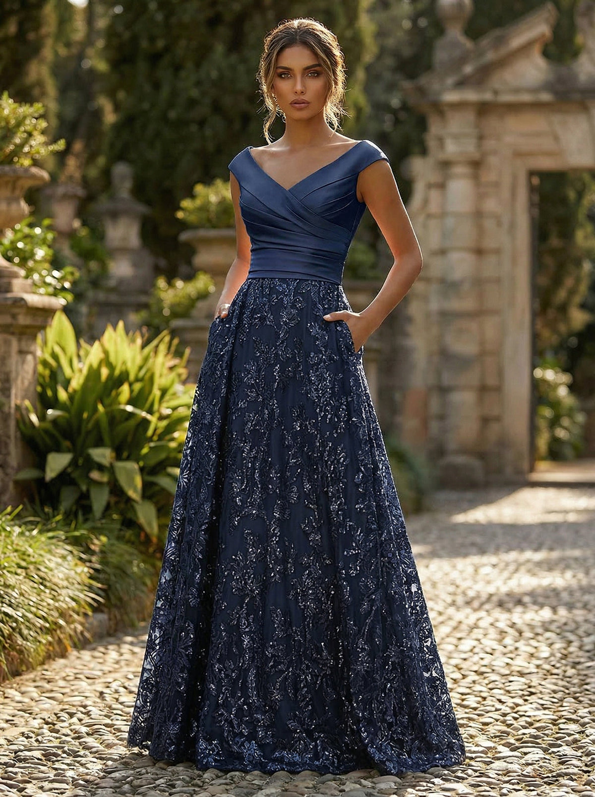 A-Line Floral Sequin Lace Floor-Length Mother of the Bride & Groom Dresses with Ruched Satin Bodice (SHI22500639)