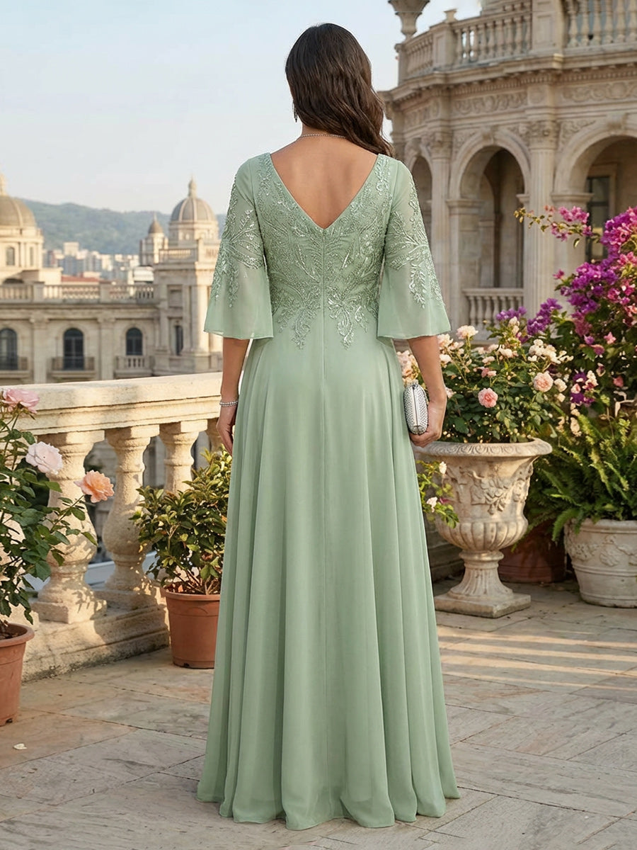 A-Line/Princess V-Neck Chiffon Maxi Mother of the Bride & Groom Dresses with Side Sash, Sweep Train & Ruched Bodice (SHI22501629)