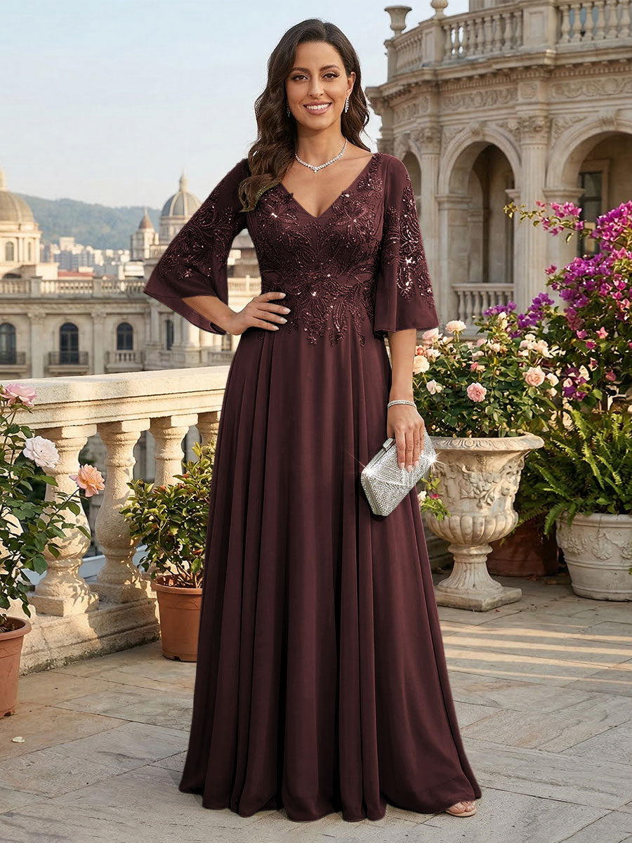 A-Line Chiffon 3/4 Flutter Sleeves Mother of the Bride & Groom Dresses with Beaded Lace Embroidered Bodice (SHI22500645)