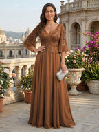 A-Line Chiffon 3/4 Flutter Sleeves Mother of the Bride & Groom Dresses with Beaded Lace Embroidered Bodice (SHI22500645)