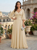 A-Line Chiffon 3/4 Flutter Sleeves Mother of the Bride & Groom Dresses with Beaded Lace Embroidered Bodice (SHI22500645)