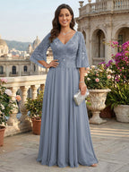 A-Line Chiffon 3/4 Flutter Sleeves Mother of the Bride & Groom Dresses with Beaded Lace Embroidered Bodice (SHI22500645)
