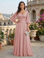 A-Line Chiffon 3/4 Flutter Sleeves Mother of the Bride & Groom Dresses with Beaded Lace Embroidered Bodice (SHI22500645)