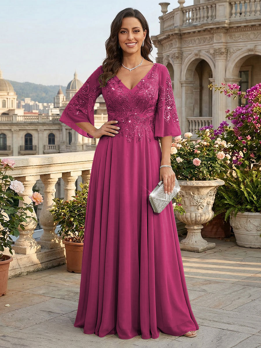 A-Line Chiffon 3/4 Flutter Sleeves Mother of the Bride & Groom Dresses with Beaded Lace Embroidered Bodice (SHI22500645)