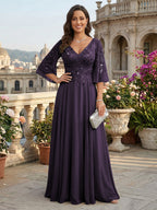 A-Line Chiffon 3/4 Flutter Sleeves Mother of the Bride & Groom Dresses with Beaded Lace Embroidered Bodice (SHI22500645)