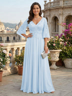 A-Line Chiffon 3/4 Flutter Sleeves Mother of the Bride & Groom Dresses with Beaded Lace Embroidered Bodice (SHI22500645)