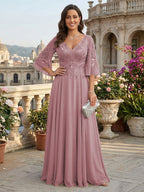 A-Line Chiffon 3/4 Flutter Sleeves Mother of the Bride & Groom Dresses with Beaded Lace Embroidered Bodice (SHI22500645)