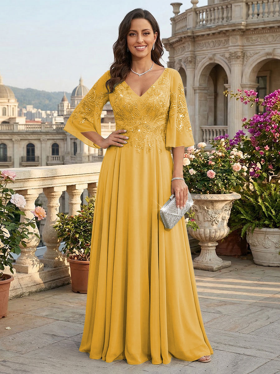 A-Line Chiffon 3/4 Flutter Sleeves Mother of the Bride & Groom Dresses with Beaded Lace Embroidered Bodice (SHI22500645)