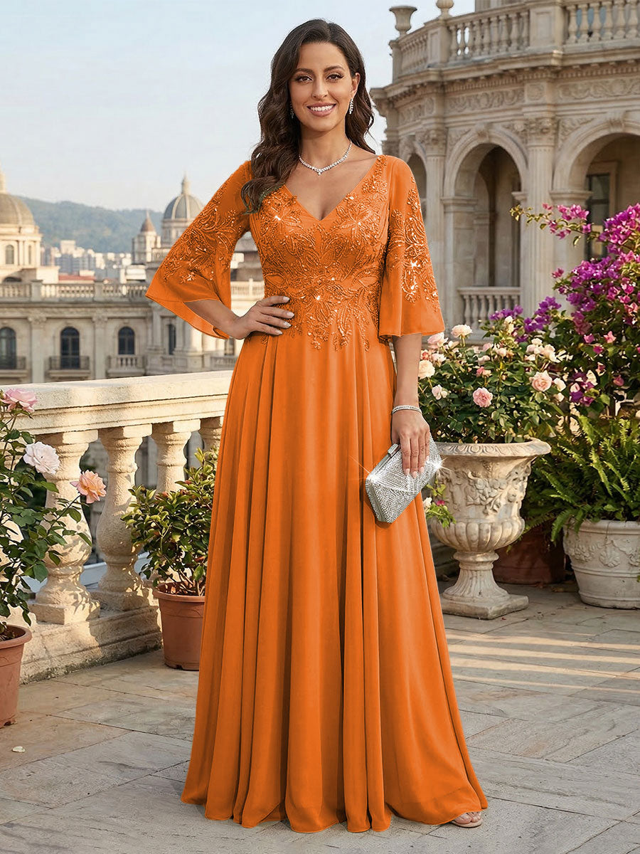 A-Line Chiffon 3/4 Flutter Sleeves Mother of the Bride & Groom Dresses with Beaded Lace Embroidered Bodice (SHI22500645)