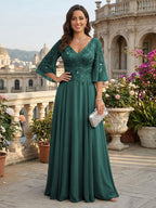 A-Line Chiffon 3/4 Flutter Sleeves Mother of the Bride & Groom Dresses with Beaded Lace Embroidered Bodice (SHI22500645)