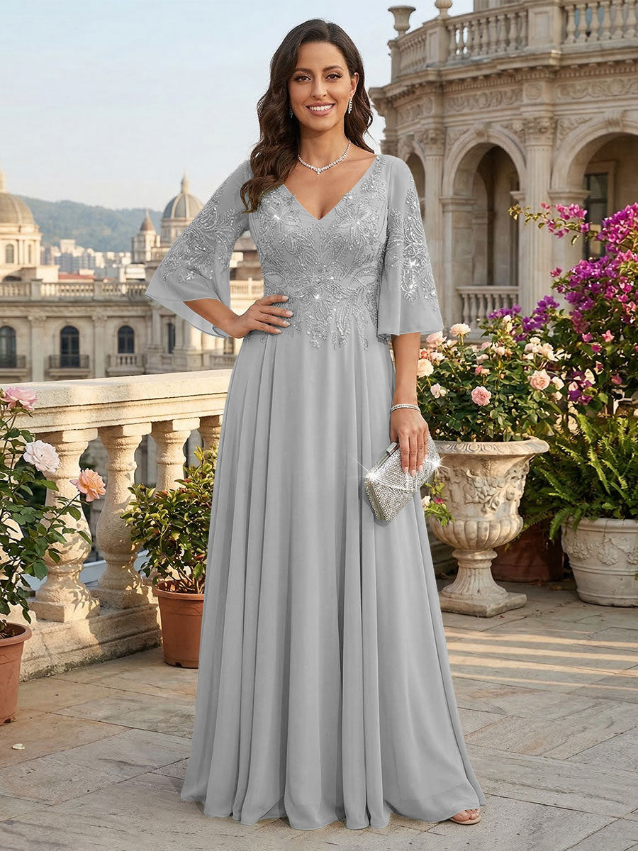 A-Line Chiffon 3/4 Flutter Sleeves Mother of the Bride & Groom Dresses with Beaded Lace Embroidered Bodice (SHI22500645)