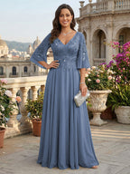 A-Line Chiffon 3/4 Flutter Sleeves Mother of the Bride & Groom Dresses with Beaded Lace Embroidered Bodice (SHI22500645)