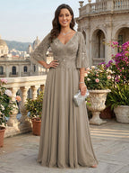 A-Line Chiffon 3/4 Flutter Sleeves Mother of the Bride & Groom Dresses with Beaded Lace Embroidered Bodice (SHI22500645)