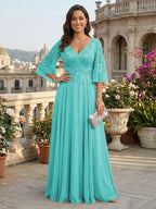 A-Line Chiffon 3/4 Flutter Sleeves Mother of the Bride & Groom Dresses with Beaded Lace Embroidered Bodice (SHI22500645)