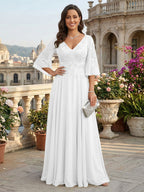 A-Line Chiffon 3/4 Flutter Sleeves Mother of the Bride & Groom Dresses with Beaded Lace Embroidered Bodice (SHI22500645)