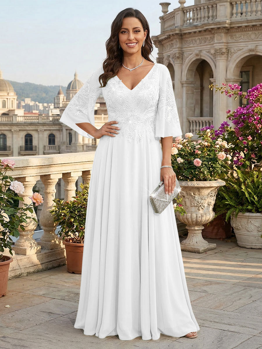 A-Line Chiffon 3/4 Flutter Sleeves Mother of the Bride & Groom Dresses with Beaded Lace Embroidered Bodice (SHI22500645)