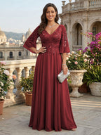 A-Line Chiffon 3/4 Flutter Sleeves Mother of the Bride & Groom Dresses with Beaded Lace Embroidered Bodice (SHI22500645)