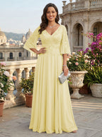 A-Line Chiffon 3/4 Flutter Sleeves Mother of the Bride & Groom Dresses with Beaded Lace Embroidered Bodice (SHI22500645)