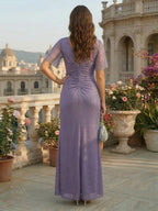 A-Line Chiffon V-Neck Short Sleeve Mother of the Bride Dresses Floor-Length with Sequin Appliques (SHI22500297)