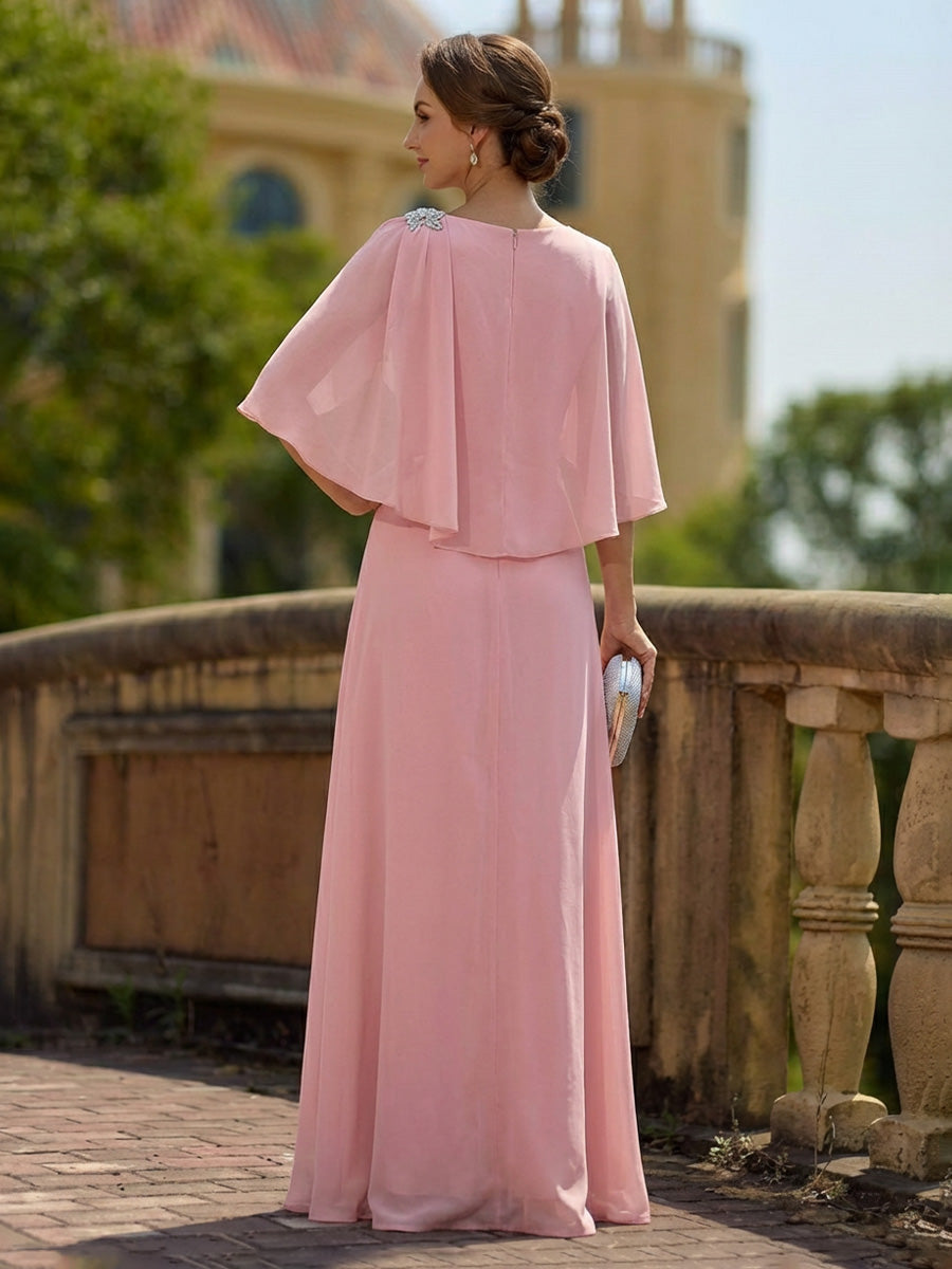 Sheath/Column Scoop Neck Floor-Length Mother of the Bride Dresses with Asymmetical Cape (SHI22500011)