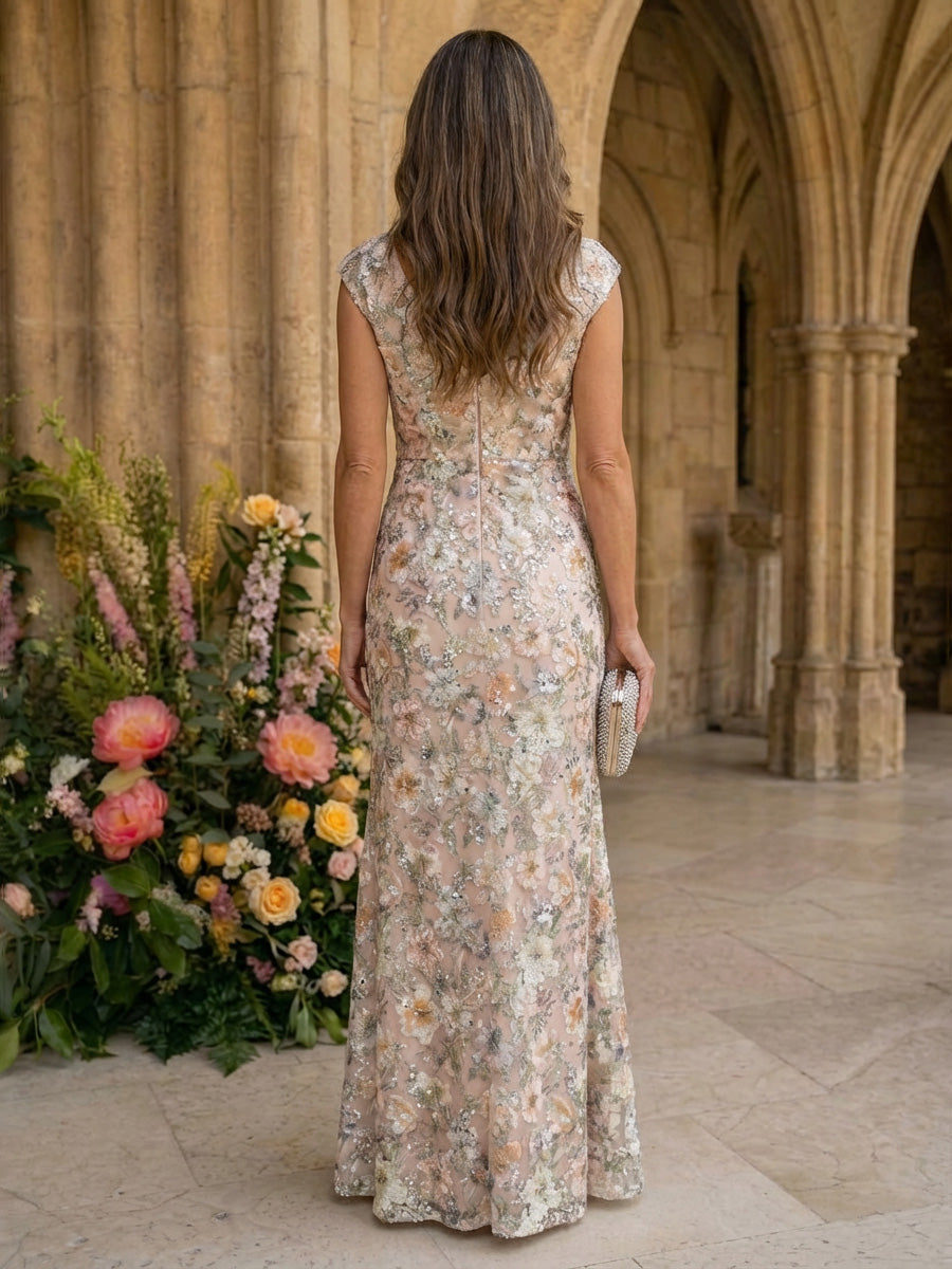Sheath/Column Halter Scoop Neck Floor-Length Mother of the Bride Dresses with Lace Appliques (SHI22500106)