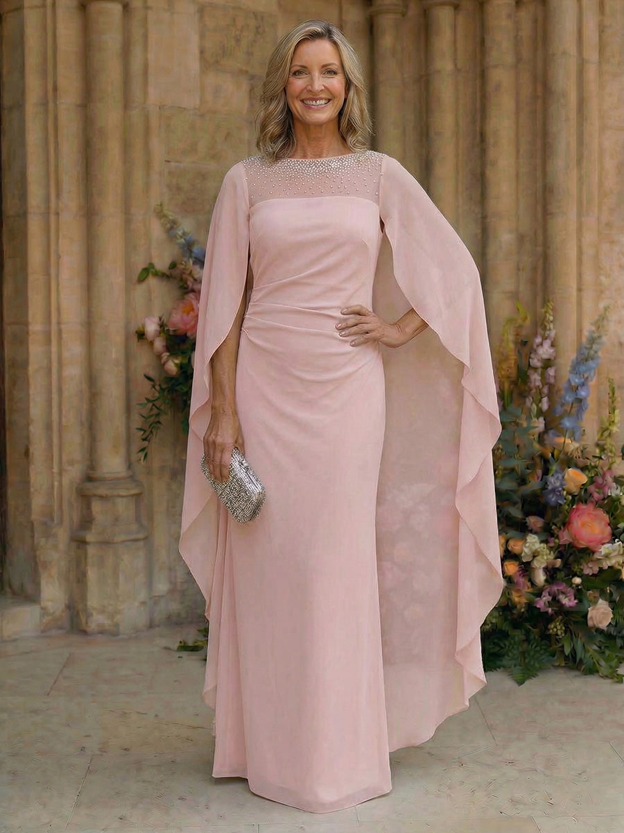 A-Line Chiffon Pleated Long Mother of the Bride & Groom Dresses with 3/4 Flutter Sleeves & Sequin Waist (SHI22500702)