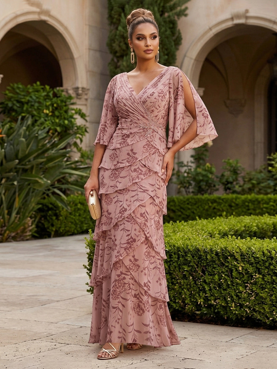 Sheath/Column Scoop Neck Chiffon Maxi Mother of the Bride & Groom Dresses with Lace Appliques, Sweep Train & Ruched Waist (SHI22501642)